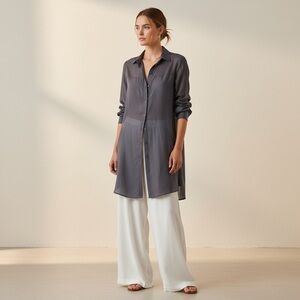 LIFE WITH BIRD Womens GrayTop Tunic Sz 4 Button Up Collar Silk/Model Lagenlook